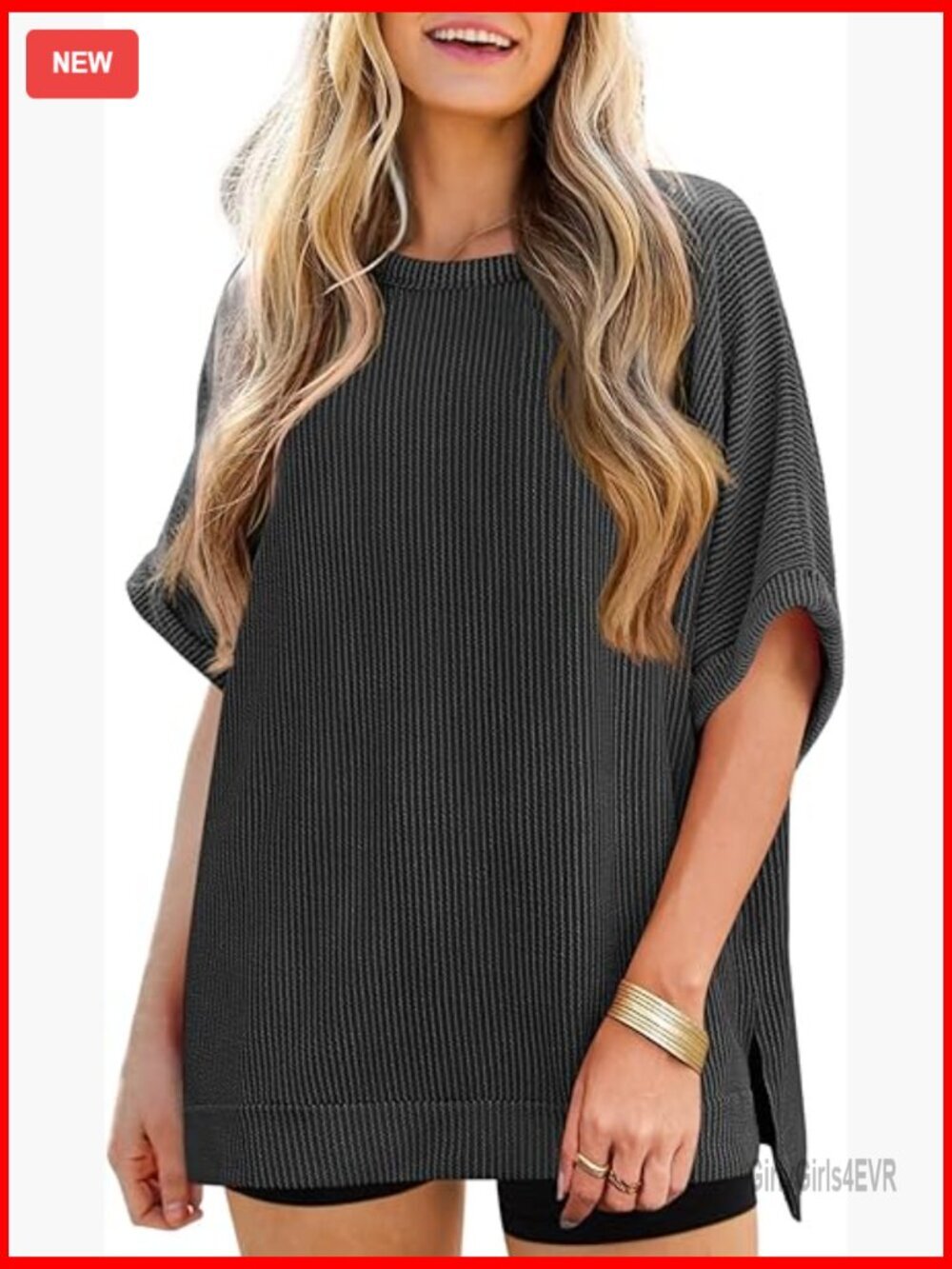 Oversized Ribbed Tunic Top with Dolman Sleeves, Recycled Material, Loose Fit